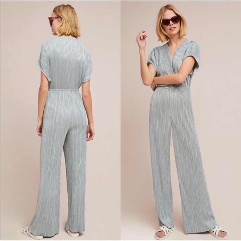 Anthropologie‎ Porridge Silver Metallic Pleated Wide Leg Jumpsuit Size Small NYE